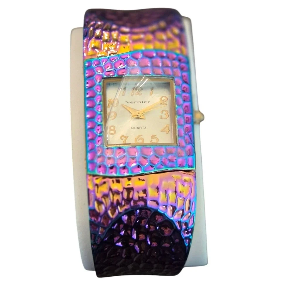 Vernier Cuff Bangle Watch Womens OS Iridescent New Oil Silk Textured Metallic